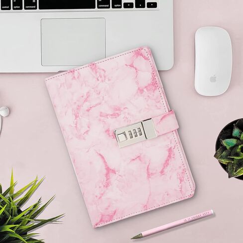 Marble Diary with Lock and Pen, Refillable A5 Daily Journal for Girls and Women, 192 Pages Cute Notebook with Combination Lock and Diamond Pen for Teen Girls and Boys - Pink in Saudi Arabia