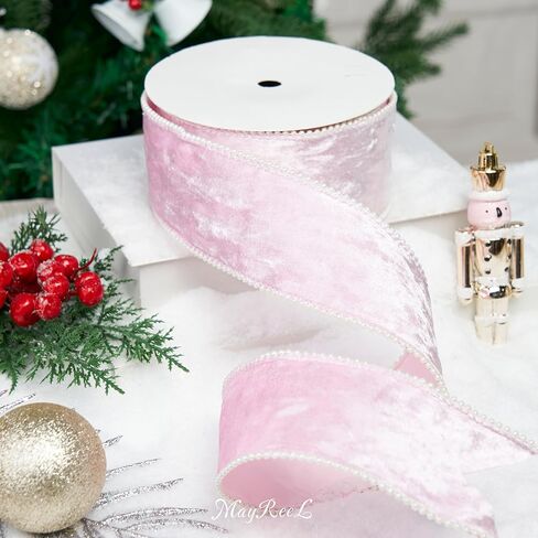 MAYREEL 2.5 Inch Pink Sheer Organza Wired Ribbon with Beaded Pearl Edge for Gift Wrapping Floral Craft Christmas Tree Decorations Bows Home Decor 10 Yards in Kuwait