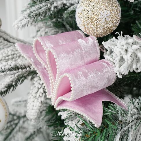 MAYREEL 2.5 Inch Pink Sheer Organza Wired Ribbon with Beaded Pearl Edge for Gift Wrapping Floral Craft Christmas Tree Decorations Bows Home Decor 10 Yards in Kuwait