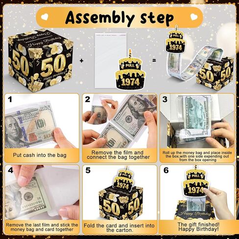 50th Birthday Money Box for Cash Gift, Black Gold Birthday Money Pull Box, 1974 Vintage Surprise Money Roll Gift Box with Pull Out Card Cash Holder, Supplies in Kuwait