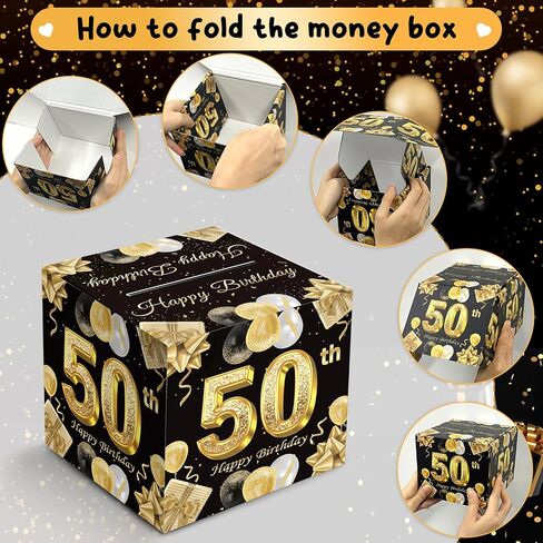 50th Birthday Money Box for Cash Gift, Black Gold Birthday Money Pull Box, 1974 Vintage Surprise Money Roll Gift Box with Pull Out Card Cash Holder, Supplies in Kuwait