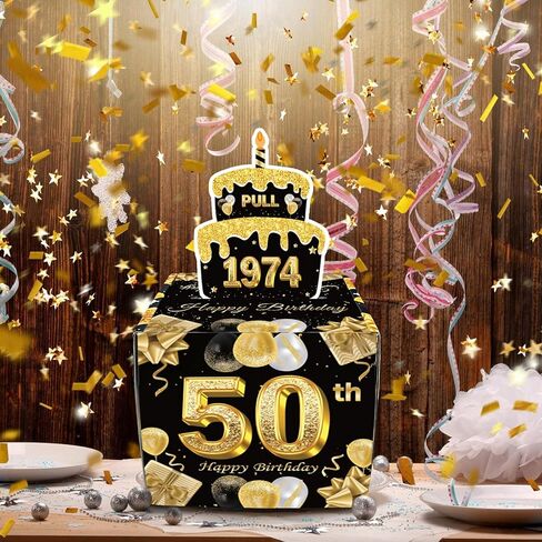 50th Birthday Money Box for Cash Gift, Black Gold Birthday Money Pull Box, 1974 Vintage Surprise Money Roll Gift Box with Pull Out Card Cash Holder, Supplies in Kuwait