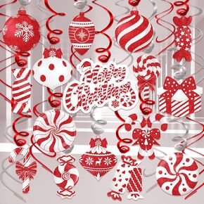 HOWAF 30pcs Christmas Peppermint Candy Hanging Swirls, Glitter Red White Christmas Candies Foil Swirls for Xmas Holiday Ceiling Decor, Christmas Candy Cane Swirls Streamer for Christmas Home Ornaments