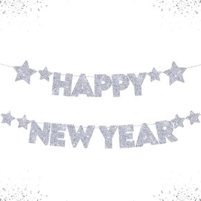 KatchOn, Holographic Happy New Year Banner - 10 Feet | New Years Banner for Neon New Years Eve Party Supplies 2025 | Glow in The Dark New Years Eve Decorations | Iridescent New Years Decorations 2025