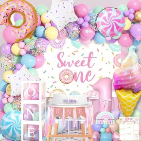 1st Birthday Decorations Girl, 128pcs First Birthday Decorations for Girl, Balloon Boxes, Party Backdrop, Photo Banner, Donuts Ice Cream Candy Balloons, Sweet One Birthday Party Decorations