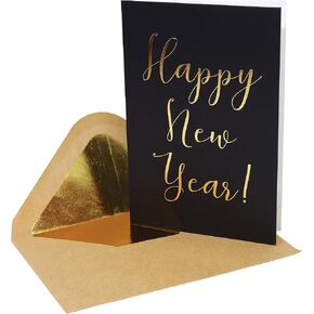 Happy New Year Cards - 24 Pack Black Happy New Year NYE Greeting Cards in Matte Finish with Gold Foil Lettering - Includes 26 Gold Foil Embossed Kraft Envelopes - 4" x 6" Blank Inside