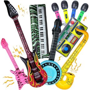 10 Pieces Inflatable Instruments Party Props Set Photo Booth Props Inflatable Guitar Saxophone Bass Lute Microphone Recorder Piano Theme Party Rock Toys Decorated Vintage Period Party