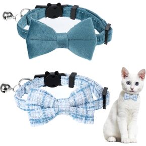 2 Pack Cute Cat Collars for Boy Cats Adjustable Kitten Bowtie Collar with Bells Breakaway Safety Collars Plaid Solid Color Pet Collar Set for Girl Female Male Cats (Blue)