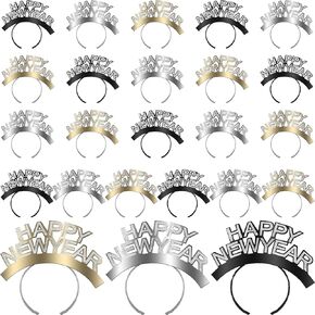 24 Pieces Happy New Year Headband Bulk New Year Eve Headwear for New Years Party Favors Decorations, 3 Colors