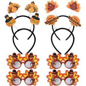 DINESIL 8 Pieces Thanksgiving Turkey Headbands and Turkey Sunglasses, Thanksgiving Turkey Eyeglasses Pumpkin Head Boppers for Thanksgiving Fall Autumn Costume Props Decoration Party Favor Accessories