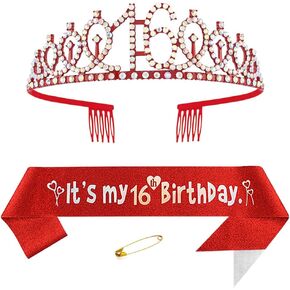 Red 16th Birthday Sash for Girls Birthday Princess Crown Queen Tiara Rhinestone Birthday Headbands Birthday Girl Sash Happy Birthday Decorations for Girls 16 Year Old Birthday Party Supplies