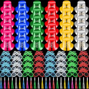 Hungdao 108 Pieces Happy New Year Party Decoration 2025 Includes 36 Paper New Year Party Hats, 36 Colorful Glasses, 36 Colorful Blowers Noisemakers for New Year's Eve Party Decoration Supplies
