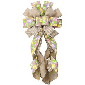 Large Easter Wreath Bows for Front Door, Flaxen Burlap Ribbon Bow Easter Bunny Bows Holiday Spring Bow Tree Topper Bows for Easter Party Decorations Supplies