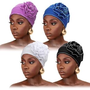 DRESHOW Turban Headwear for Women Flower Caps Chemo Cap for Cancer Patient African Hair Cover Beanie Headwraps Hair Loss Hat