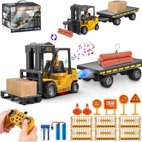 RC Forklift Toy with Trailer, Kids Forklift Construction Toys Set with Flatbed Truck & Crane Toy Hook, 2 Battery/Spray/Light, Remote Control forklift Toys for 3 4 5 6 7 8 9 Year Old Boys Gift