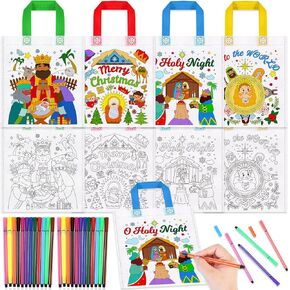 HOWAF 12pcs Nativity Scene Coloring Goodie Bags with Paint Pens for Kids,O Holy Night Coloring Candy Bags Joy to the World Coloring Gift Bags,Religious Christmas Reusable Canvas Bag Favors Coloring