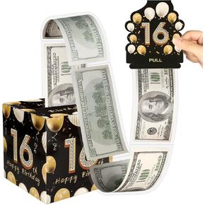 Birthday Money Box with 100 Cash Bags,Black Gold Surprise Birthday Gift Box for Girls Boys,Loving Way to Offer Cash Gift Pull,Birthday Party Decorations Supplies (Pink+Black,16th)