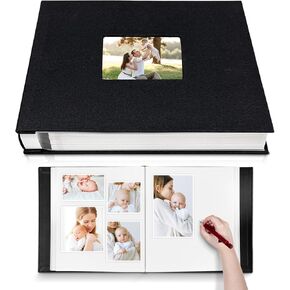 Large Photo Album Self Adhesive with Picture Display Window, DIY Scrapbook Album for 4x6 8x10 Pictures, 40 Pages Linen Cover Memory Book with Scraper and Metallic Pen(Grey)