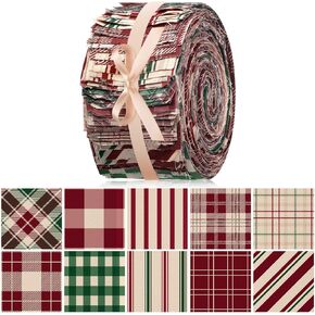 HunnmingRe 40 Pcs Vintage Christmas Homespun Plaid Quilting Fabric Jelly Fabric Squares 2.5" x 44" Christmas Fabric Roll Precut Patchwork for Xmas Fireplace Mantle Farmhouse Sewing DIY Crafts