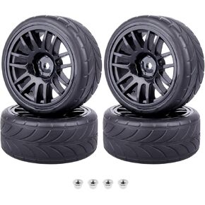 Preglued 1/10 On Road Wheels and Tires 12mm Hex Wheels Rubber Flat Racing Tires for Traxxas 4tec 2.0 3.0 Tamiya TT02 TT01 HPI RS4 Wltoys 144001 Kyosho Fazer 4PCS