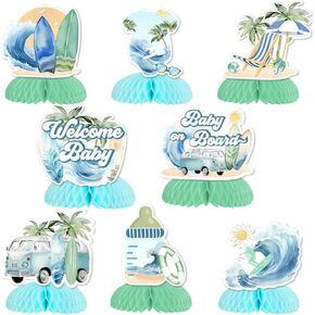 Surf Baby Shower Decorations - 8PCS Beach Honeycomb Centerpieces, Baby on Board Baby Shower Table Decor, Surfboard Table Decorations for Summer Beach Ocean Surfing Baby Shower Party Supplies