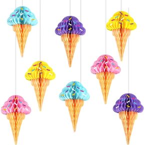 8PCS Ice Cream Honeycomb Balls Decorations Centerpieces for Tables Ice Cream Hanging Ceiling Sign Tissue Paper Ice Cream Party Supplies for Summer Theme Birthday Baby Shower Bridal Shower Party Favor