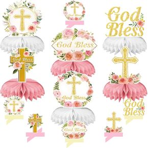 12Pcs Pink Floral God Bless Decorations First Communion Honeycomb Centerpiece Double Sided Table Toppers for God Bless Baby Girl Baptism Party Decor Christening Celebration