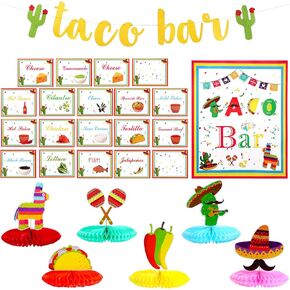 Boao 28 Pieces Taco Bar Decoration Kit Taco Bar Banner Sign Mexican Theme Party Decor 20 Pieces Colorful Table Tent Cards 6 Pieces Fiesta Honeycomb Table Centerpiece for Cinco De Mayo Supplies