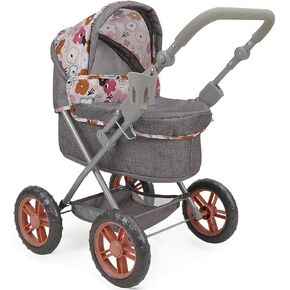 509 Crew: Melange Flora - Amanda Doll Pram - Matching Handbag, Doll Accessory, Adjustable Handle, Removable Bassinet, Foldable Design, Kid Toy, Age 3+