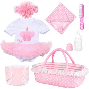 PEDOLLTREE Reborn Baby Dolls Clothes Girl Outfit Accessories Pink Tutu 7 Pcs Set for 17-22 Inch Reborn Doll Newborn Girl with Pink Dot Bassinet