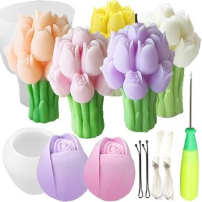 2 Pcs Tulip Bouquet Silicone Candle Molds Tulip Flower Candle Mold with Mold Punch&candlewick Hook Needle for Candle Making Handmade Plaster Craft Soap Making Home Decorating Ornaments