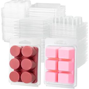 RHBLME 200 Pack Wax Melt Containers, 6 Cavity Clam Shells for Wax Melts Clear Empty Plastic Wax Melt Molds, Square and Round Shape Wax Melt Clamshells for Tarts Wax Melts Candles Soap
