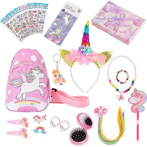 17 in 1 Unicorn Gift for 4 5 6 7 8 10 12 Year Girl Christmas Birthday Gift Set,Unicorn Bag, Hair Accessories, Watercolor Painting, Mirror Comb,Pattern Stickers,Headband,