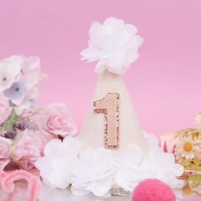 White Flower 1st Birthday Hat - First Birthday Decorations For Girls,Felt Cone Party Hat Photo Props,1st Birthday Hat With White Gauze Flowers,Little Princess Party Floral Crown