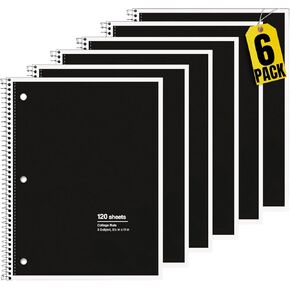 1InTheOffice 3-Subject Spiral Notebook, Wirebound Spiral Notebooks, College Ruled Notebooks, 8 x 11, 70 Sheets, Black, 6 Pack