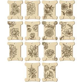 NBEADS 14 Pcs 14 Styles Wooden Thread Winding Boards,Thread Winding Plate Board with Flower Pattern Thread Bobbins Organizer Sewing Thread Winding Card for Embroidery Cross-Stitch Sewing Craft