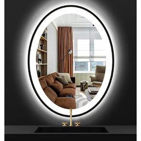 THEKLA 24 × 32 بوصة إطار أسود بيضاوي LED مرآة لجدار الحمام مرآة الغرور البيضاوية المضاءة مع أضواء إطار أسود مضاد للضباب عاكس 3 ألوان أمامية مضاءة بيضاوية ذكية مرآة 32 بوصة مرآة بيضاوية سوداء مضيئة