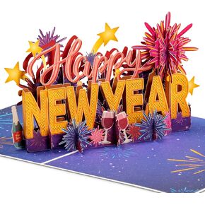 Paper Love Frndly 3D Happy New Year Pop Up Card, Handcrafted - 100% Recycled and Eco-Friendly, 8" x 6" Cover - with Note Tag