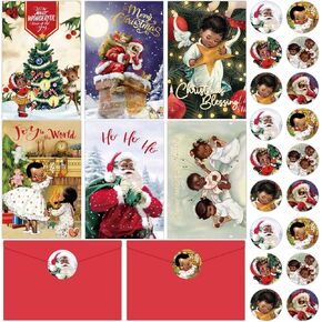 36 Set Black Santa Claus Greeting Cards With Envelopes and Stickers for Merry Christmas Party Decorations African American Santa Christmas Cards Xmas Holiday Tree Note for Holiday Winter New Year Party Supplies