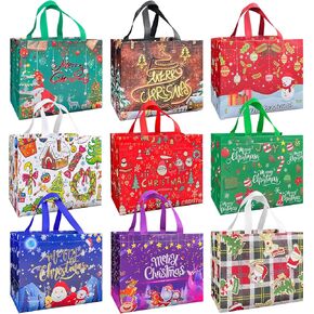9Pcs Large Christmas Gift Bags, Reusable Christmas Gift Bags with Handle, 12.6"×9.7"×6.7", Gift Bags for Christmas Presents, Large Non-Woven Tote Bags for Gifts Wrapping, Xmas Party Supplies Favors