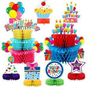 9 Pieces Happy Birthday Decorations Colorful Birthday Centerpieces Table Decor Cake Paper Honeycomb Centerpieces Tabletop for Kids' Birthday Party Baby Shower Supplies Favors