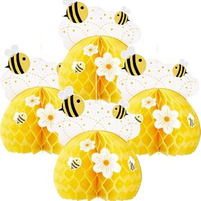 SUNBEAUTY 4 Pcs Honey Bee Party Decorations, Bee Baby Centerpieces Honeycomb Decorations with Bee Sunflower Stickers for Bee Themed Party Baby Shower Birthday Table Party Decoration