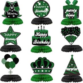 9PCS Green Black Birthday Decorations Honeycomb Centerpieces for Women Men Green Black Happy Birthday Table Centerpieces Party Supplies 16th 21st 30th 40th 50th Birthday Table Topper Decor