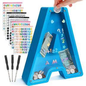 Wooden Letter Banks for Kids, Personalized Piggy Bank for Kids, Alphabet A Letter Piggy Bank with 6Pcs Colorful Stickers and 3Pcs Screwdrivers, for Birthday and Festival Piggy Bank, Blue in Saudi Arabia