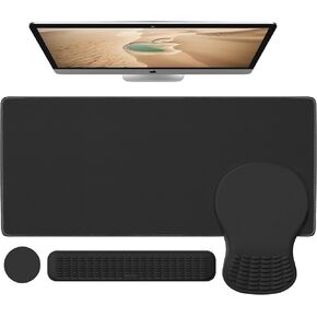 MEKASS Desk Mat Set, Large Mouse Pad and Keyboard Wrist Rest with Memory Foam & Non-Slip Base, 4-in-1 Ergonomic Mouse Pad Set, Computer Desk Pad Set with Coaster for Home Office (Black)