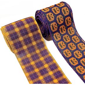 2 Rolls Halloween Fabric Ribbons Bat Spider Castle Pumpkin Decor Ribbons Black Yellow Orange Plaid Burlap Ribbons for Fall Holiday Wreath Bow Making DIY Gift Wrapping Supplies 10 Yards 2.5 inch