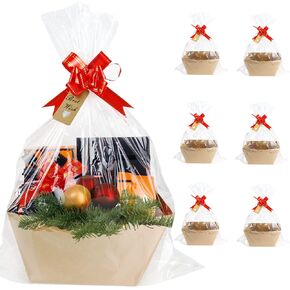 KEVTVEK Bigger Baskets for Gifts Empty, 6 Pack Sturdy Kraft Basket With Handles Gift Basket Kit, 6 Shrink Wrap Bags, 6 Bows and Hang Tag, Empty Gift Baskets to Fill for Mothers Day and Any Occasion