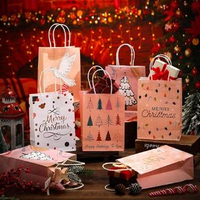 Skyygemm 30 Pcs Boho Christmas Pink Gift Bags with Handle Bulk 8 x 6 x 3.5 Inches Small Christmas Paper Bags Pretty Pastel Holiday Wrapping Bags for Xmas Party Decor Supplies
