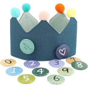 Birthday Crown Hat, with 0-9 Number Signs Cute Muslin Kids Birthday Crown Reusable Decorative Birthday Hat Party Supplies for Baby, Girls, Boys (Blue)