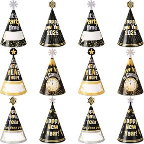 12Pcs Happy New Year Party Hats for Kids Adults, 6 Styles Adjustable Paper Cone Hats Black Gold Silver Name DIY New Years Eve Hats for New Years Eve Party Supplies 2025 Count Down Party Favor Decor
